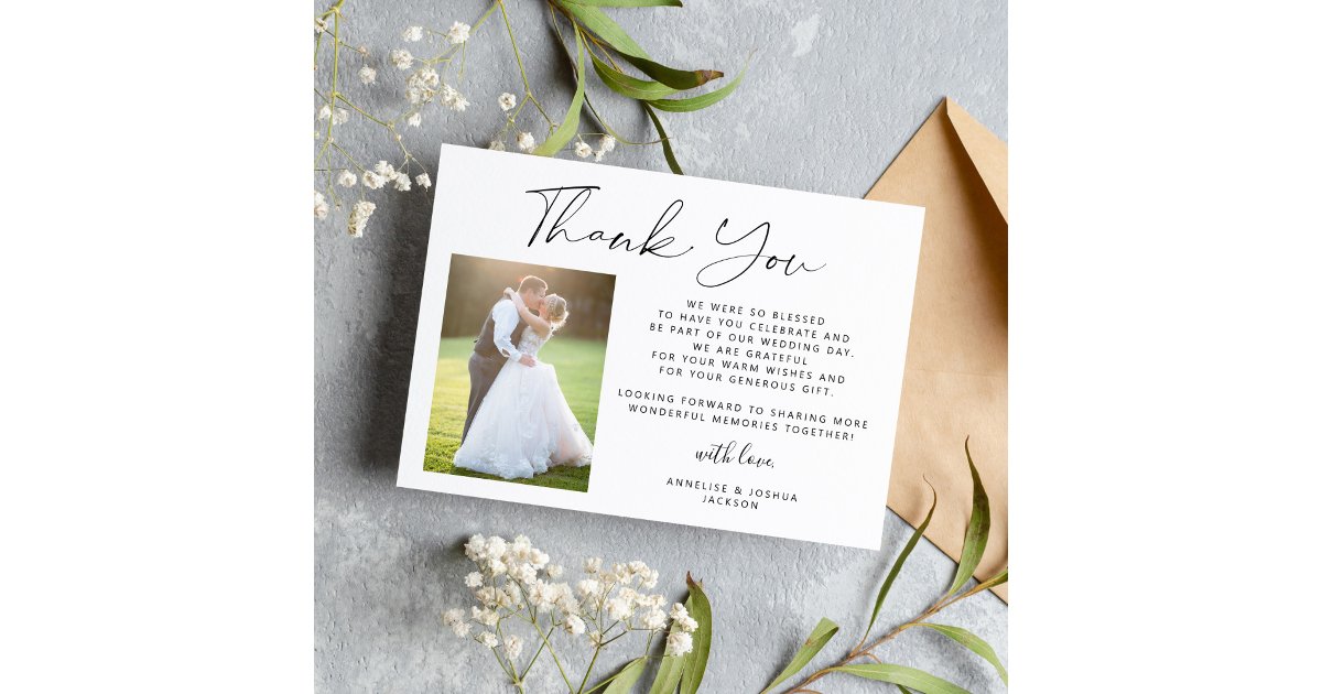 Simple elegant calligraphy photo wedding thank you card | Zazzle