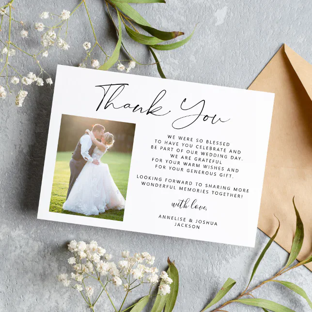 Simple elegant calligraphy photo wedding thank you card | Zazzle