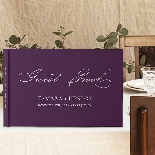 Simple Elegant Calligraphy Purple Wedding Guest Book