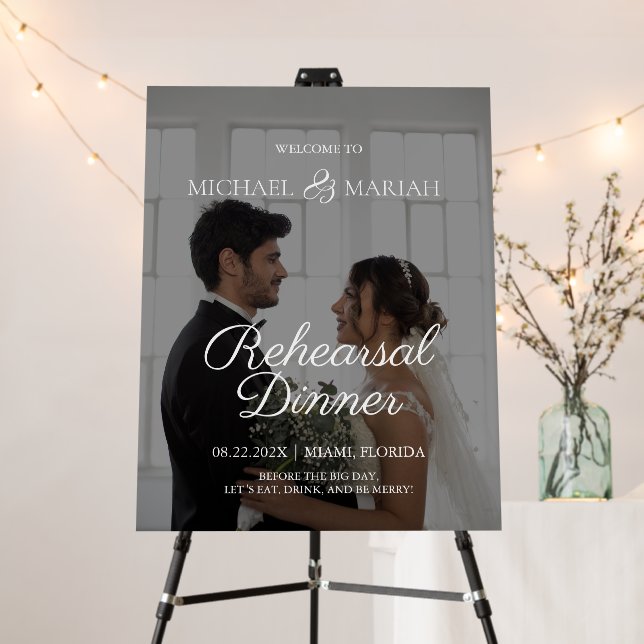 Simple Elegant Calligraphy Rehearsal Dinner Photo Foam Board (In Situ (Stand))