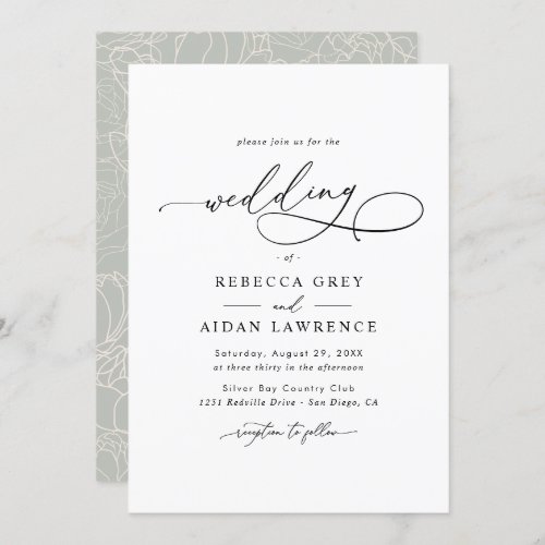 Simple Elegant Calligraphy Script Wedding Invitation - This elegant Wedding Invitation features a sweeping script calligraphy text paired with a classy serif & modern sans font in black, and frosted sage green back with a floral line art pattern & a customizable monogram. Matching items available.