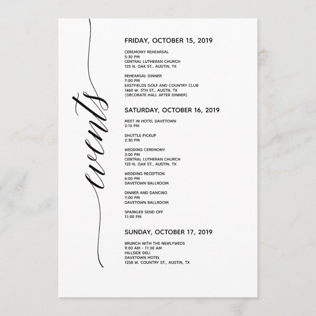 Simple Elegant Calligraphy Wedding Itinerary Card (Front)