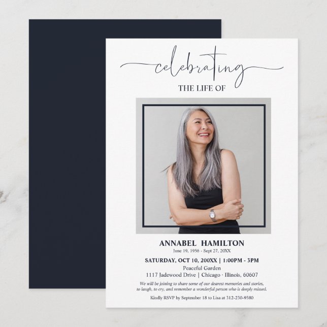 Simple Elegant Celebration of Life Funeral Photo I Invitation (Front/Back)