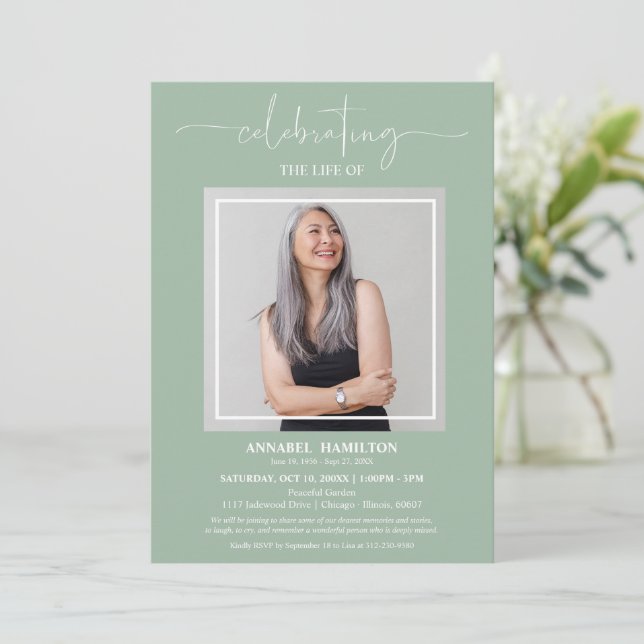 Simple Elegant Celebration of Life Funeral Photo Invitation (Standing Front)