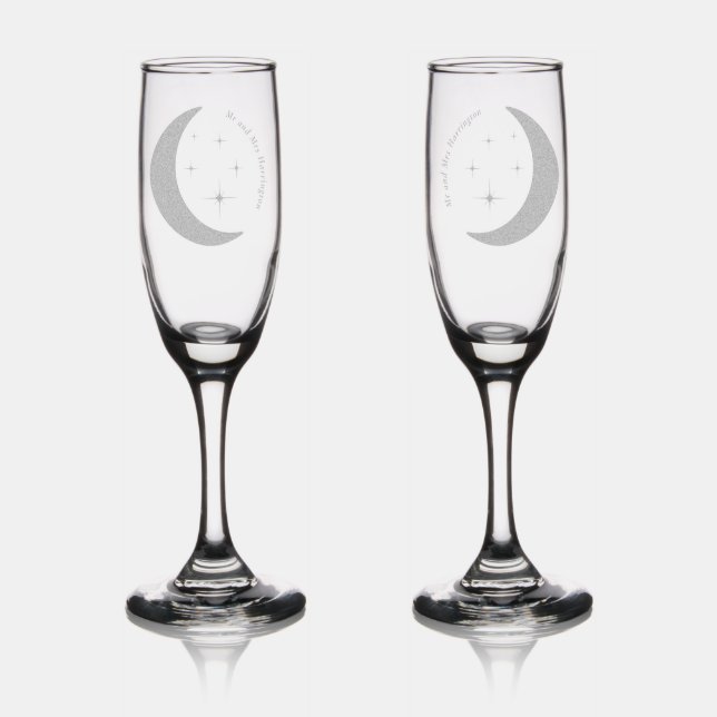 Simple Elegant Celestial Gold Moon Stars Wedding Champagne Flute (Glassware)