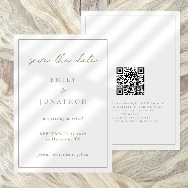 Simple Elegant Champagne Gold Script Line Border Save The Date (Front and Back view)