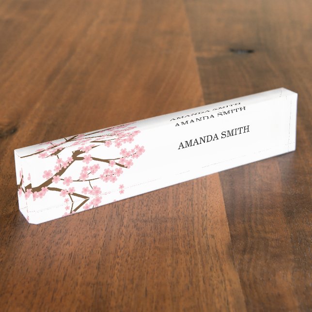 Simple Elegant Cherry Blossoms Sakura Tree Pink Desk Name Plate (Side)