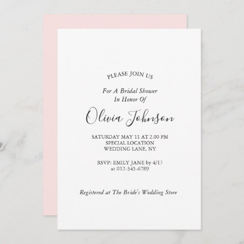 Simple Elegant Chic Blush Pink Bridal Shower  Invitation