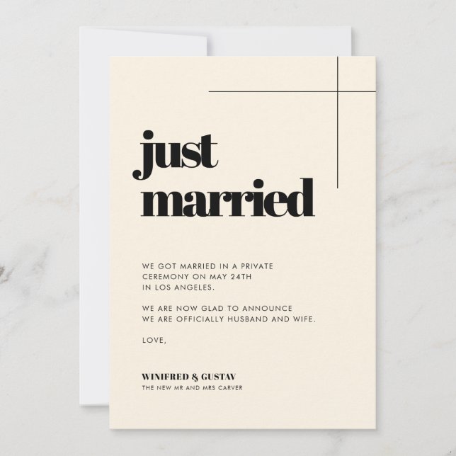 Simple elegant & chic Cream Just married Announcement (Front)