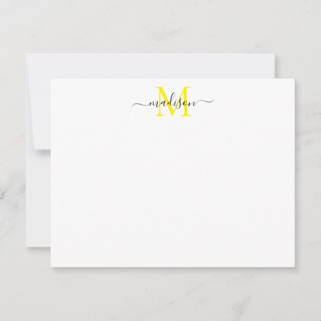 SImple Elegant Chic Girly Script Monogram Yellow Note Card (Front)
