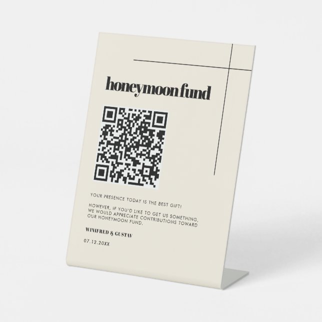 Simple elegant & chic Honeymoon fund QR code Pedestal Sign (Front)
