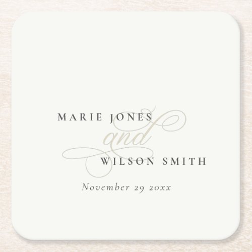 Simple Elegant Chic Script Black  White Wedding Square Paper Coaster