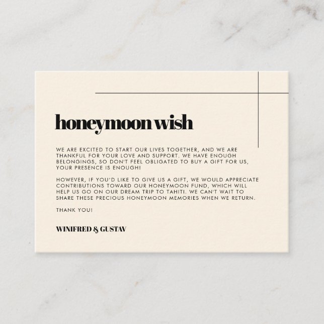 Simple elegant & chic wedding Honeymoon wish Enclosure Card (Front)