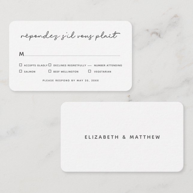 Simple Elegant Chic Wedding Meal Option RSVP Note Card (Front/Back)