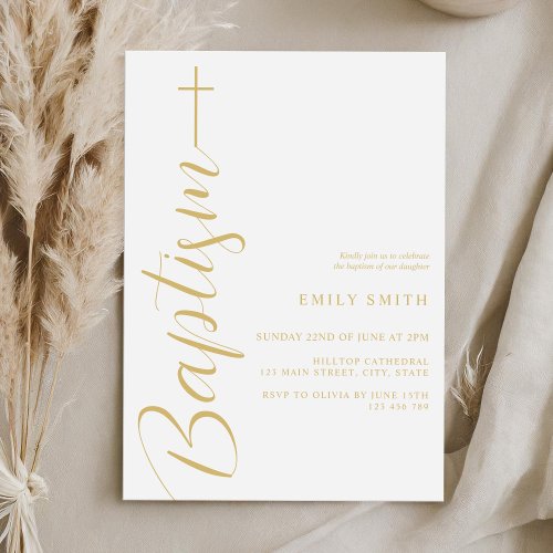 Simple Elegant Chic White Gold Baptism Invitation