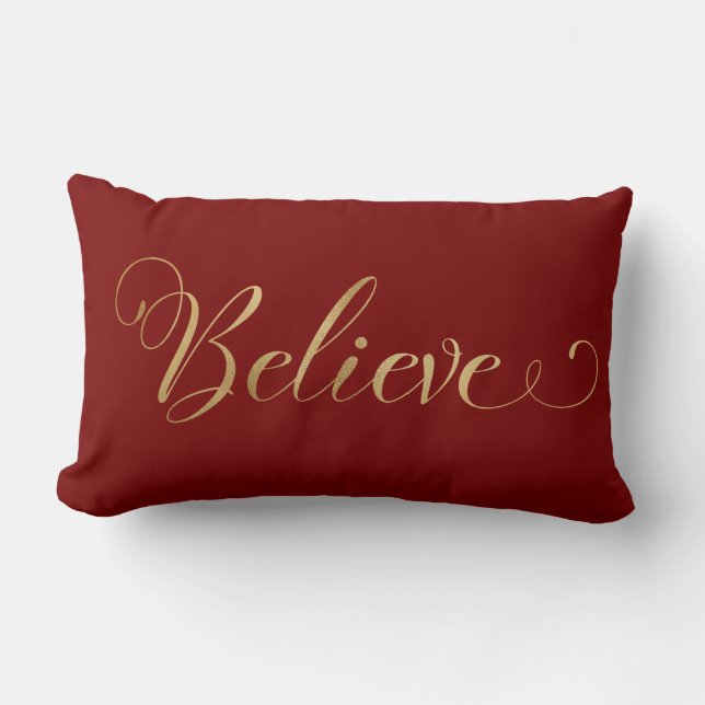Simple Elegant Christmas Believe Gold Burgundy Lumbar Pillow (Front)