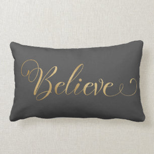 Simple Elegant Christmas Believe Gold Gray Lumbar Pillow