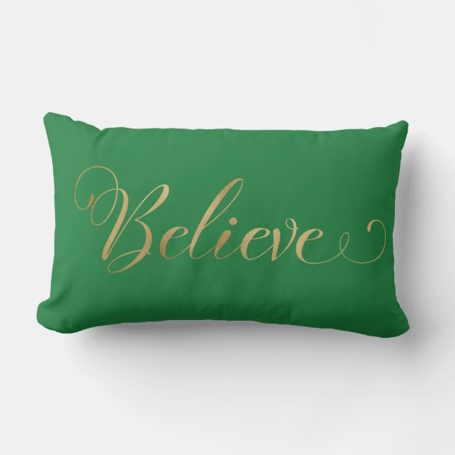 Simple Elegant Christmas Believe Gold Green Lumbar Pillow (Front)