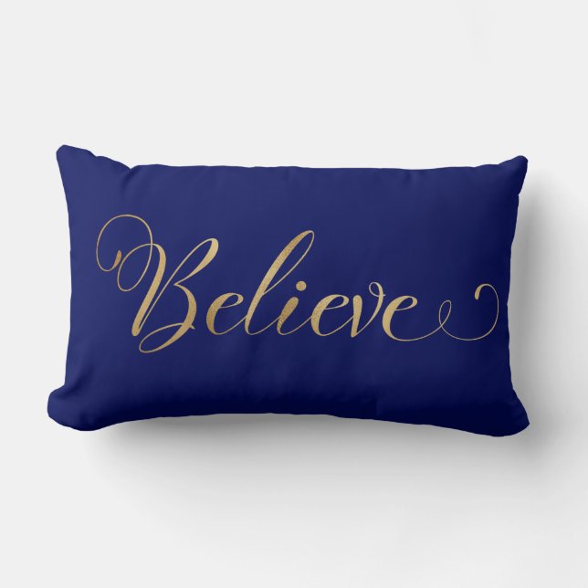 Simple Elegant Christmas Believe Gold Navy Blue Lumbar Pillow (Front)