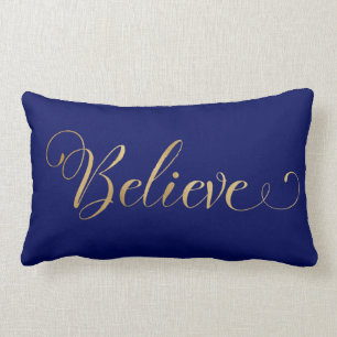 Simple Elegant Christmas Believe Gold Navy Blue Lumbar Pillow