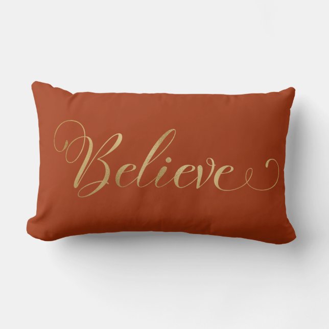 Simple Elegant Christmas Believe Gold Terracotta Lumbar Pillow (Front)