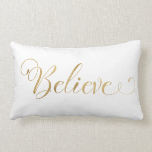 Simple Elegant Christmas Believe Gold White Lumbar Pillow