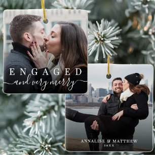 Simple Elegant Christmas Engaged 2 Photo Ceramic Ornament