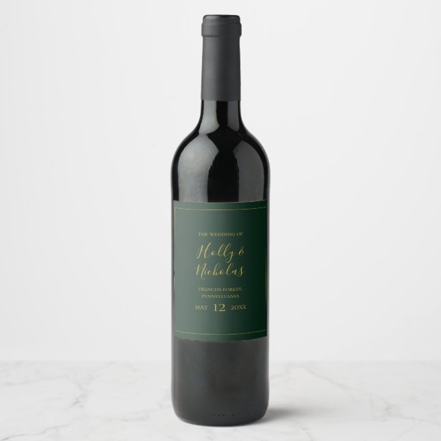 Simple Elegant Christmas Green Wedding Wine Label (Front)
