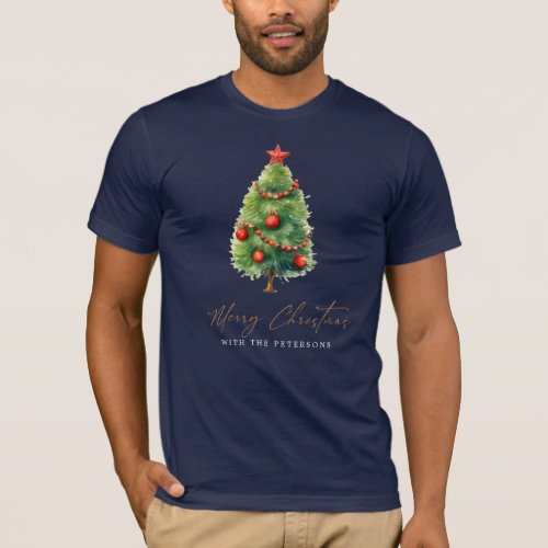 Simple Elegant Christmas Pine Tree  Navy Blue T_Shirt