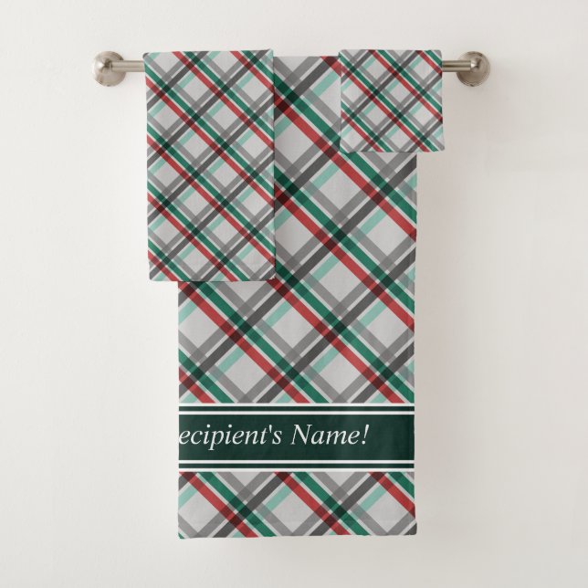Simple Elegant Christmas Red Green Plaid  Bath Towel Set (Insitu)