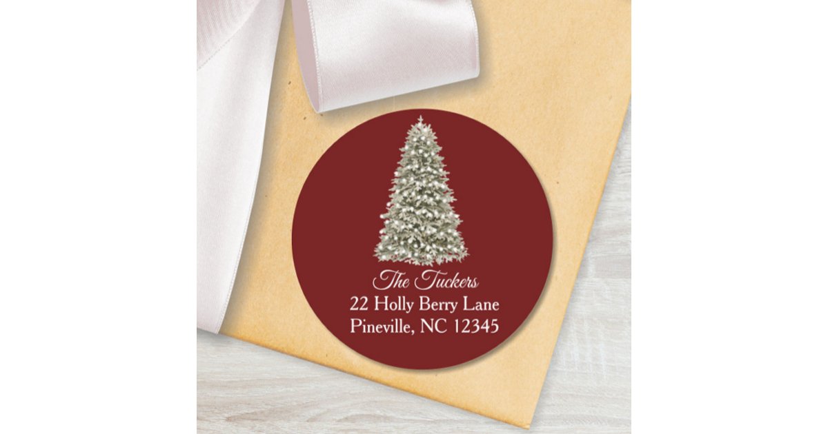 Red Return Sticker Simple Elegant Christmas Tree Red Return Address Classic Round Sticker ...