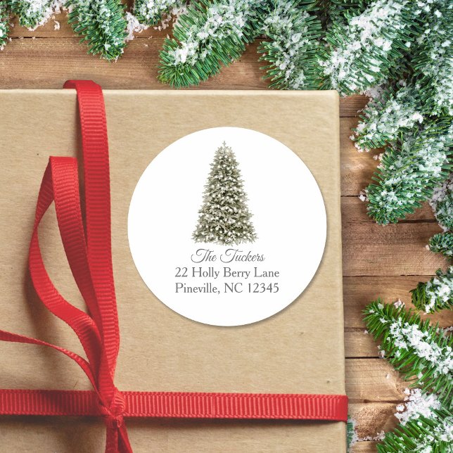 Simple Elegant Christmas Tree Return Address Classic Round Sticker (Creator Uploaded)