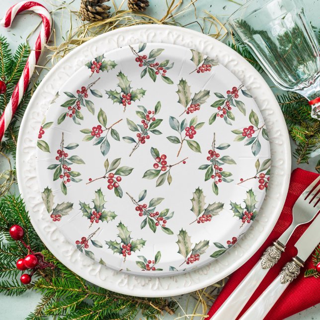 Simple Elegant Christmas Watercolor Botanical Paper Plates (Creator Uploaded)