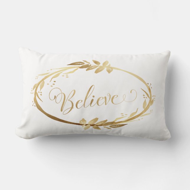 Simple Elegant Christmas Wreath Believe Gold White Lumbar Pillow (Front)