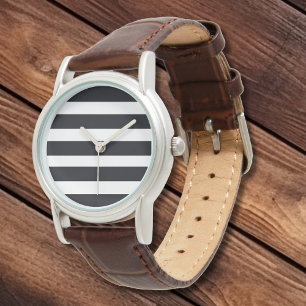 Simple Elegant Classic Black White Stripes Leather Watch