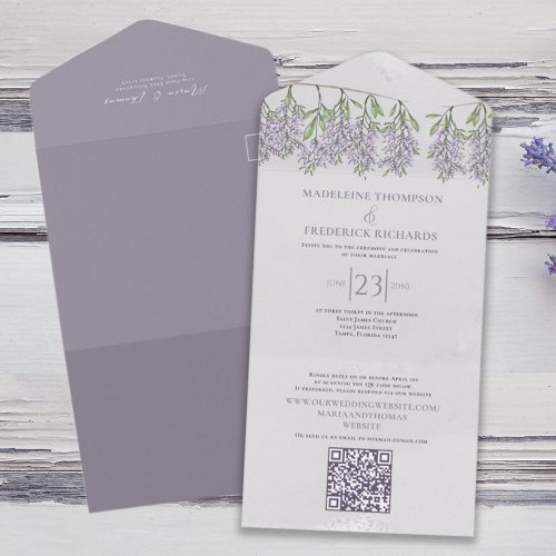 Simple Elegant Classic Boho Floral Lilac Lavender All In One Invitation