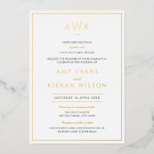 Simple Elegant Classic Monogram Wedding Gold Foil Invitation (Front)