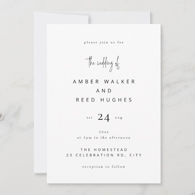 Simple Elegant Classic Wedding Plain Text Script Invitation (Front)