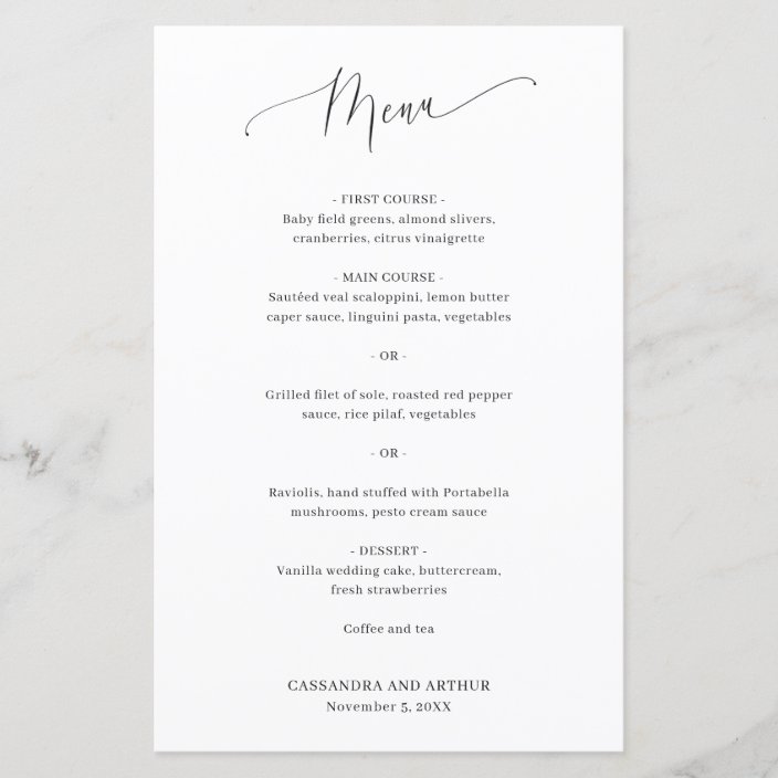 Simple Elegant Classic White Budget Wedding Menu