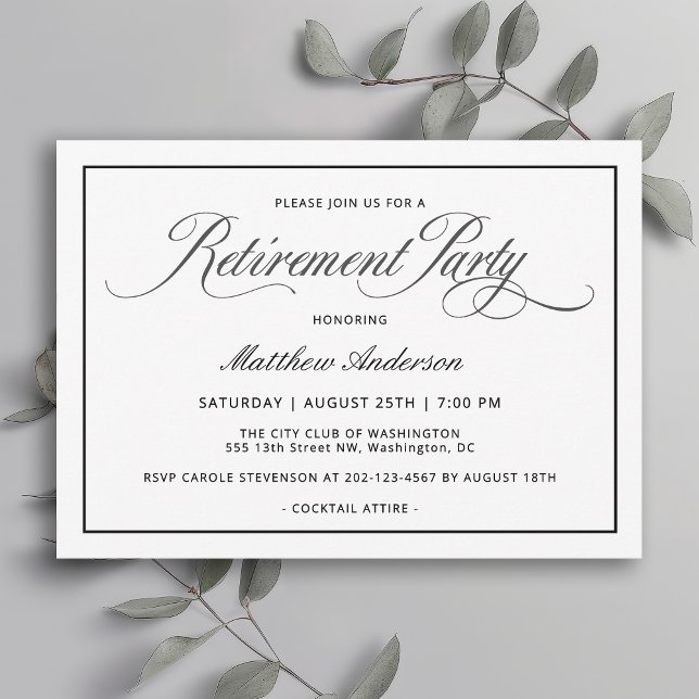 Simple Elegant Classic White Retirement Party Invitation (Available in both printed and instant download digital formats.)