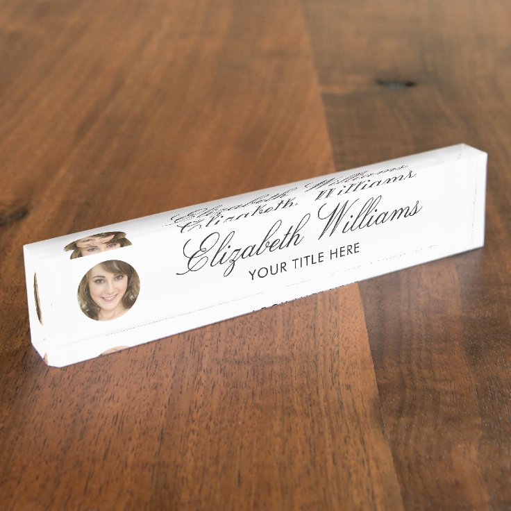 Simple Elegant Classy Circle Photo White Script Desk Name Plate | Zazzle