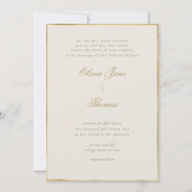 Simple Elegant Classy Gold Frame Ecru Wedding Invitation (Front)