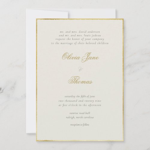 Simple Elegant Classy Gold Frame Ecru Wedding Invitation