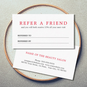Simple Elegant Clean Red White Referral Card by pro_business_card at Zazzle