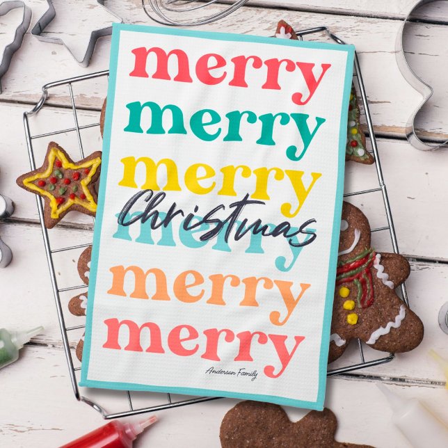 Simple Elegant Colorful Blue Merry Christmas Kitchen Towel (Creator Uploaded)