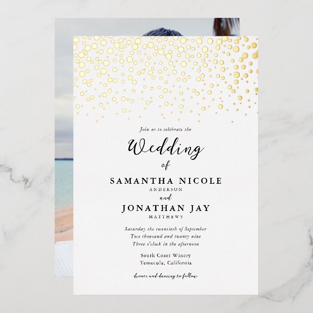 Simple Elegant Confetti Photo Wedding Gold Foil Invitation (Front/Back)
