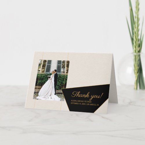 Simple elegant cream black wedding photo thank you card