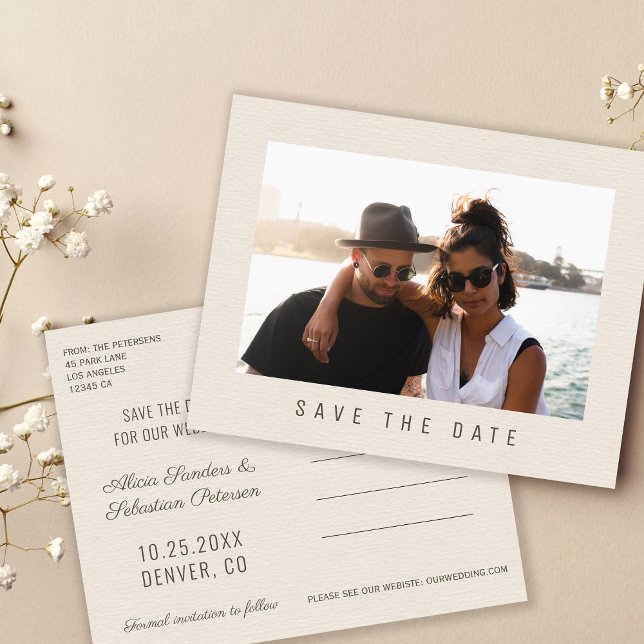 Simple elegant cream brown wedding photo save date announcement postcard (Creator Uploaded)