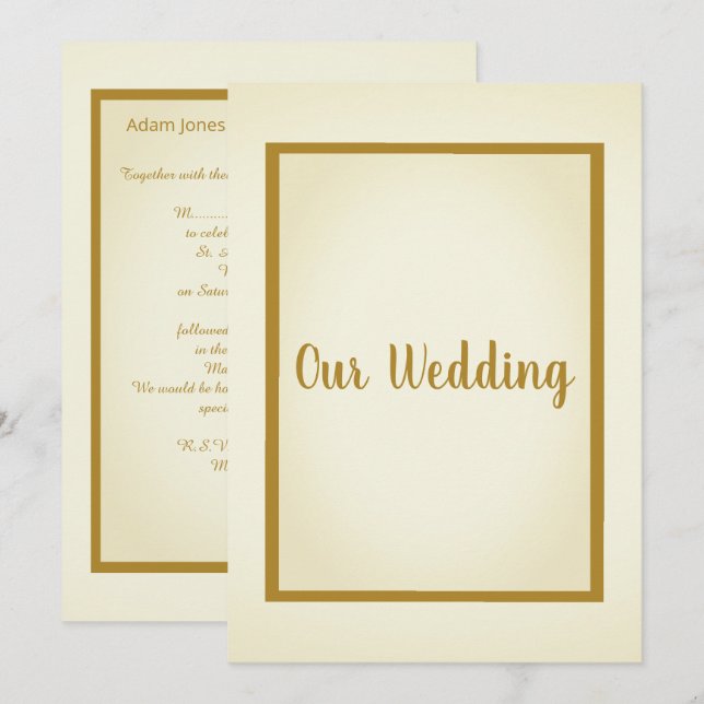 Simple & Elegant CREAM Gold Border Wedding Invitation (Front/Back)