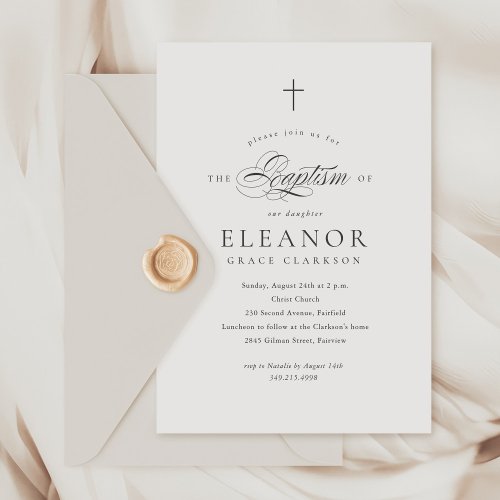 Simple Elegant Cross Calligraphy Baptism Invitation